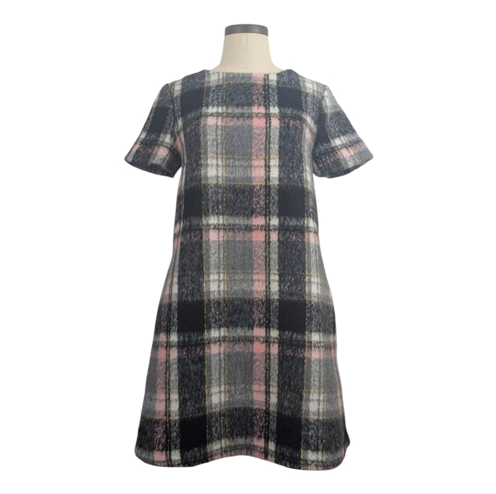 Line & Dot wool blend plaid, Mod, zip up mini shift dress. Small Petite